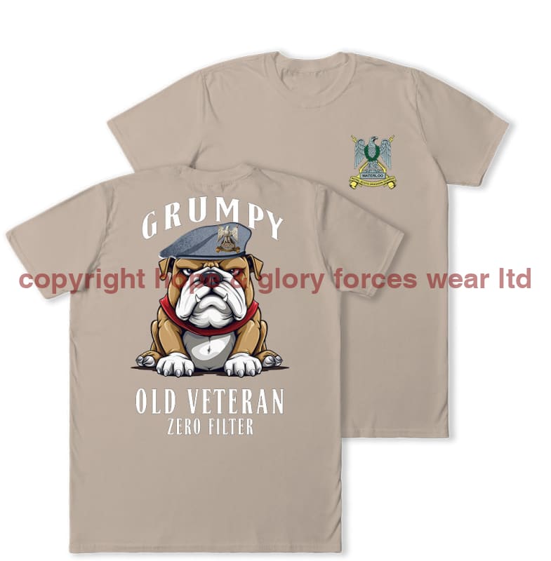 Grumpy Old Scots Dragoon Guards Veteran Double Print T-Shirt Men’s Small - 34/36 Inch Chest / Sand