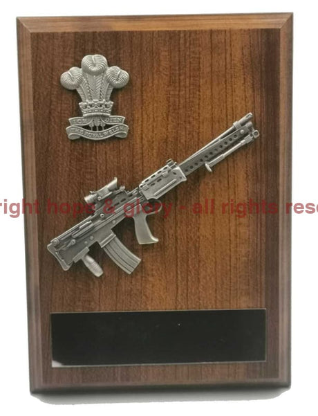 LIGHT SUPPORT WEAPON and CAP BADGE Walnut Military Plaque