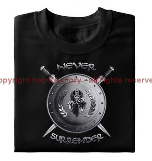 Never Surrender Shield And Swords Printed T-Shirt