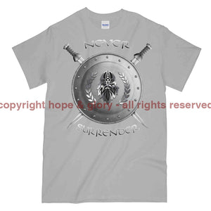 Never Surrender Shield And Swords Printed T-Shirt