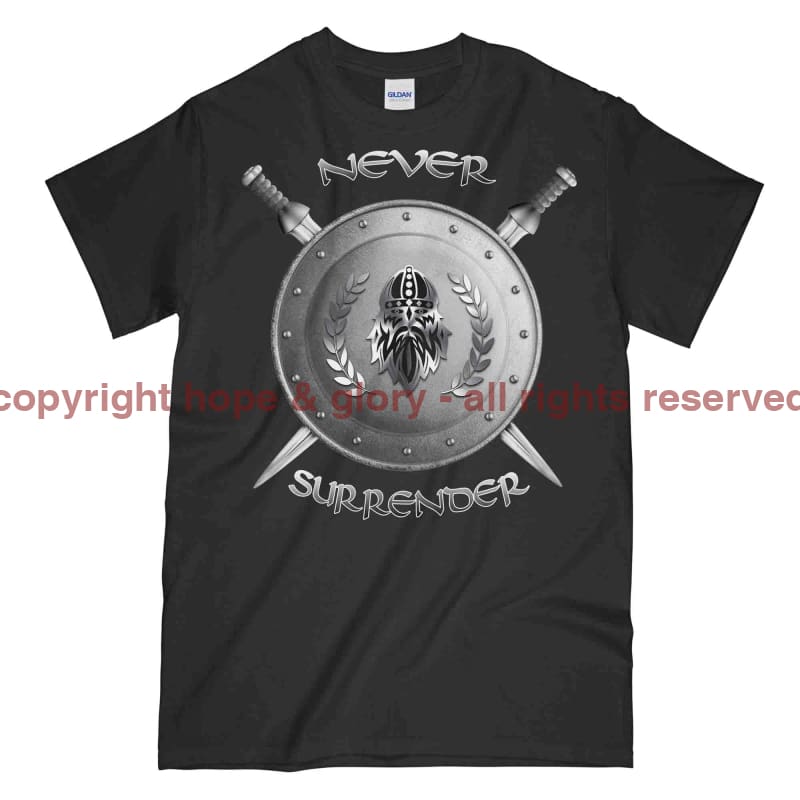 Never Surrender Shield And Swords Printed T-Shirt