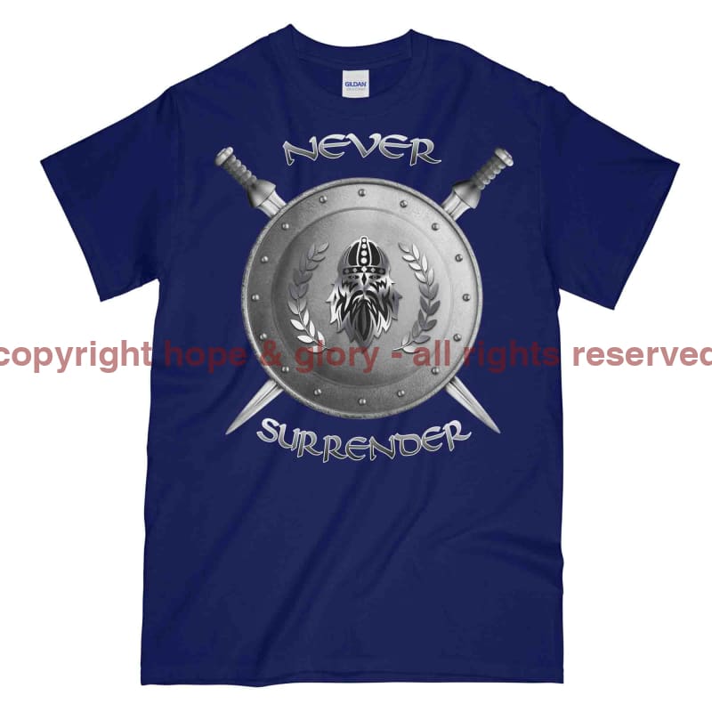 Never Surrender Shield And Swords Printed T-Shirt