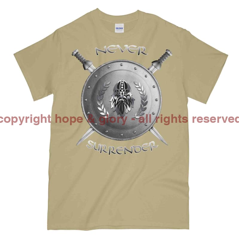 Never Surrender Shield And Swords Printed T-Shirt