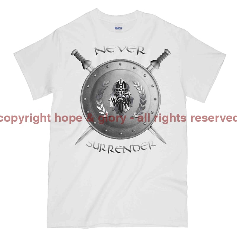 Never Surrender Shield And Swords Printed T-Shirt