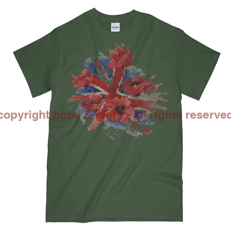 Poppies On Union Flag Watercolour Printed T-Shirt