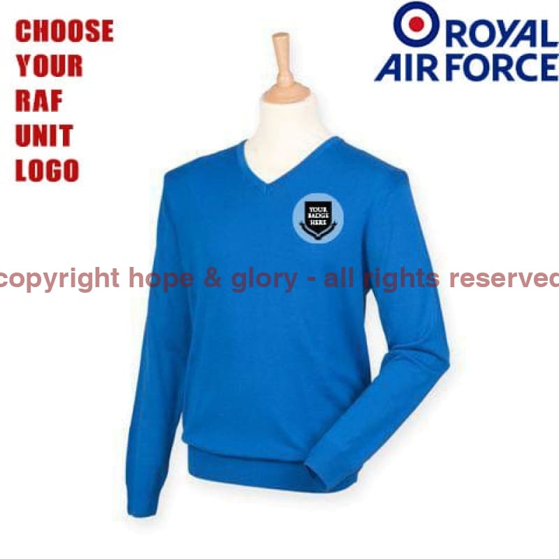 Raf Units Lightweight V Neck Sweater (Choose Your Unit Logo) Xxs - 32 Inch Chest / Royal Blue Jumper