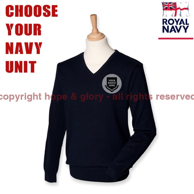 Royal Navy Units Lightweight V Neck Sweater (Choose Your Logo) Xxs - 32 Inch Chest / Blue Jumper