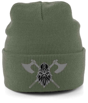 Never Surrender Embroidered Cuffed Beanie Hat Olive Green