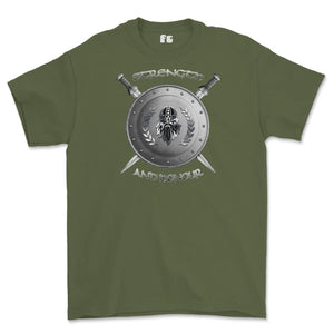 Strength and Honour Viking Shield And Swords Printed T-Shirt