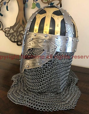 VIKING VENDAL STEEL & BRASS CHAINMAIL HELMET