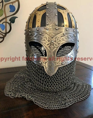 VIKING VENDAL STEEL & BRASS CHAINMAIL HELMET