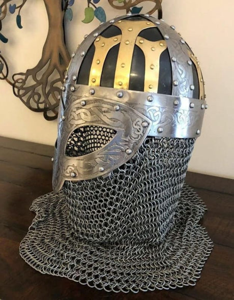 VIKING VENDAL STEEL & BRASS CHAINMAIL HELMET