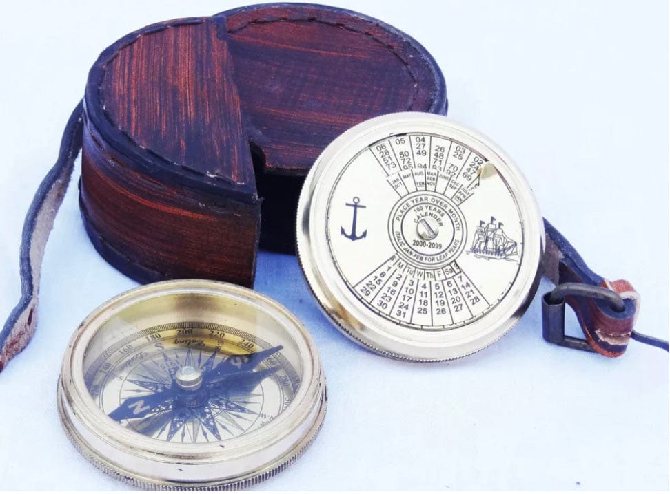 NAUTICAL ANCHOR CALENDAR BRASS COMPASS WITH LEATHER BAG