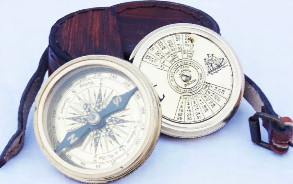 NAUTICAL ANCHOR CALENDAR BRASS COMPASS WITH LEATHER BAG