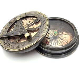 STANLEY LONDON REPLICA SUNDIAL COMPASS WITH WOODEN BOX